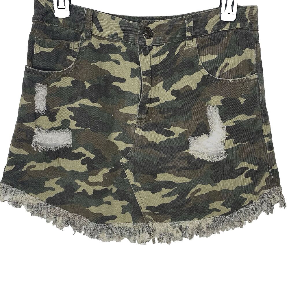EE:SOME Skirt Mini Camouflage Distressed Raw Fringe Boho Camo Womens S Green